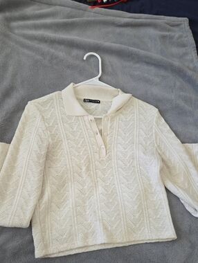 ZARA Cream Textured Knit Polo Top